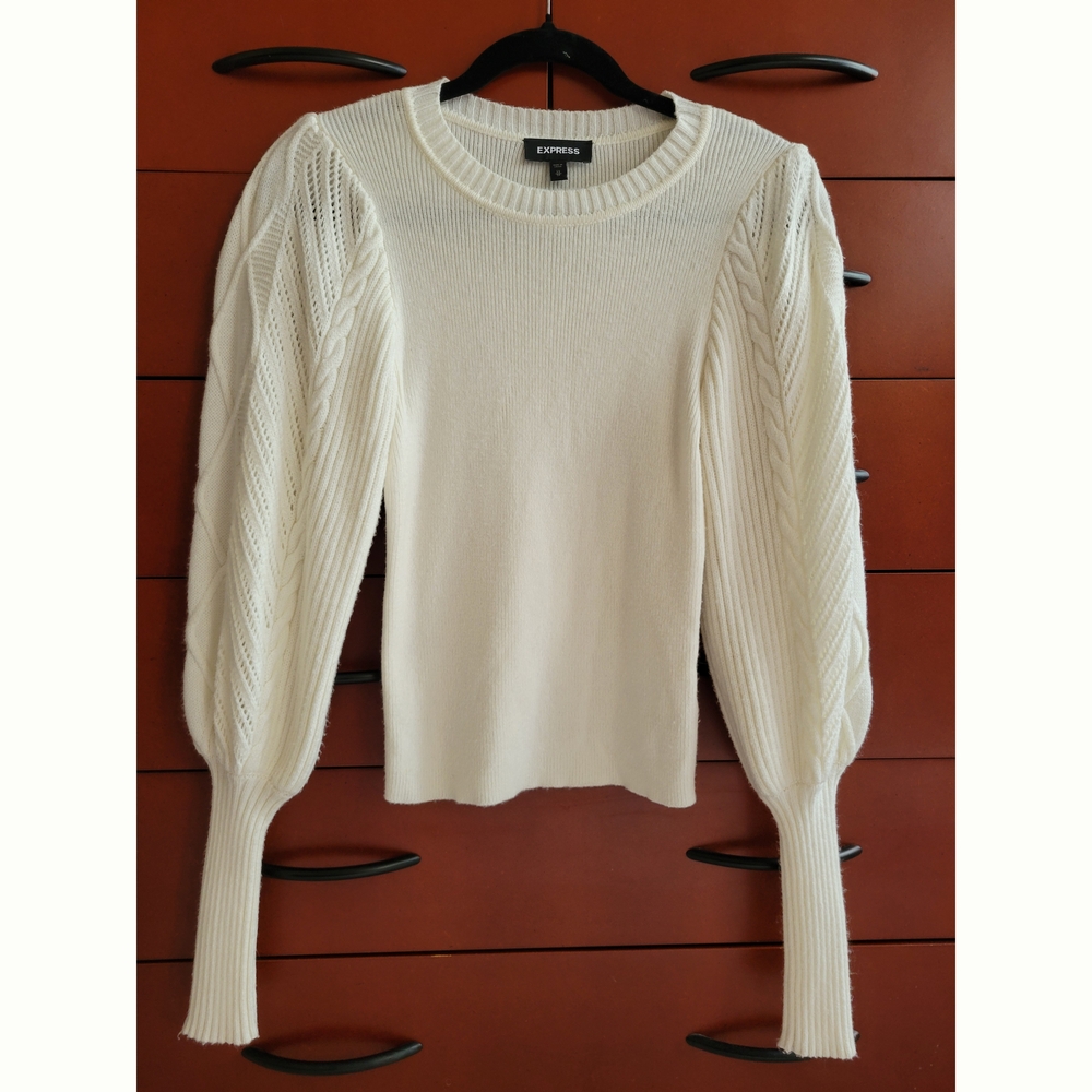 Express Creamy White Knit Cable Sweater Puff Sleeves